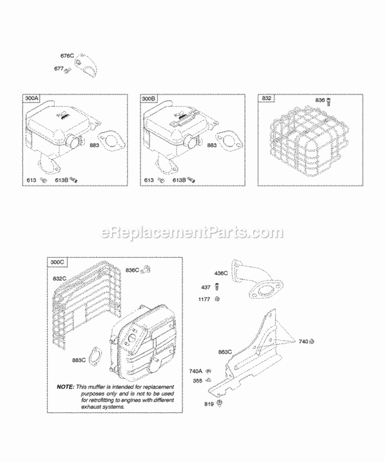 Exhaust System Diagram and Parts List for 21C337-0110-E1  Briggs and Stratton Engine